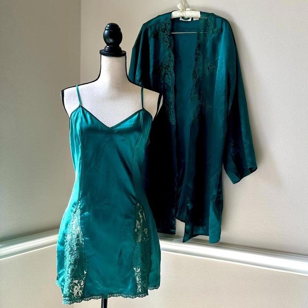 Vintage Victoria’s Secret gold label emerald green satin slip dress & robe set